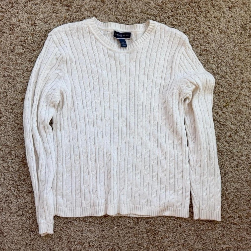 Karen Scott Cream Cable-Knit Crewneck Sweater
